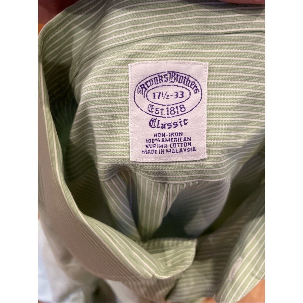 Brooks Brothers Men's Classic Fit Button Up Supima Cotton Green Striped 17.5 33 - Picture 4 of 6